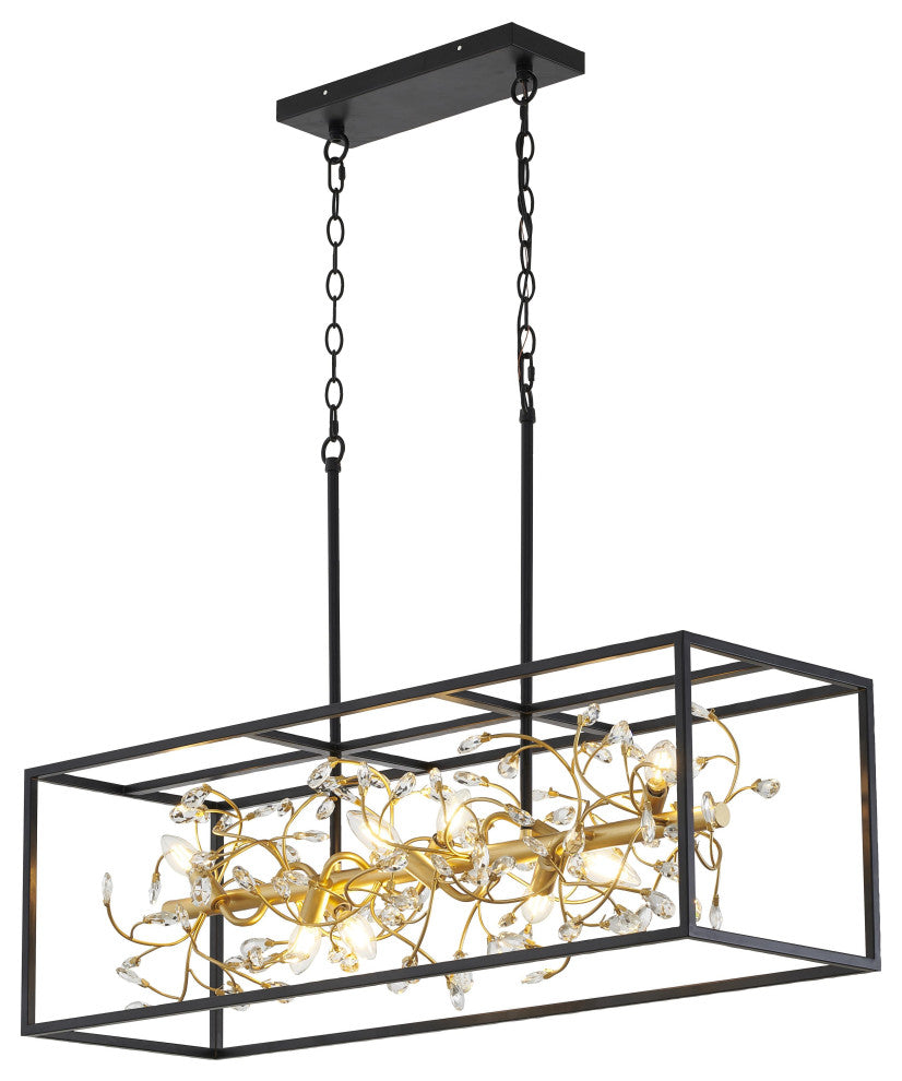 8-Light Black Chandelier With Gold Branch And Clear Crystal Accents