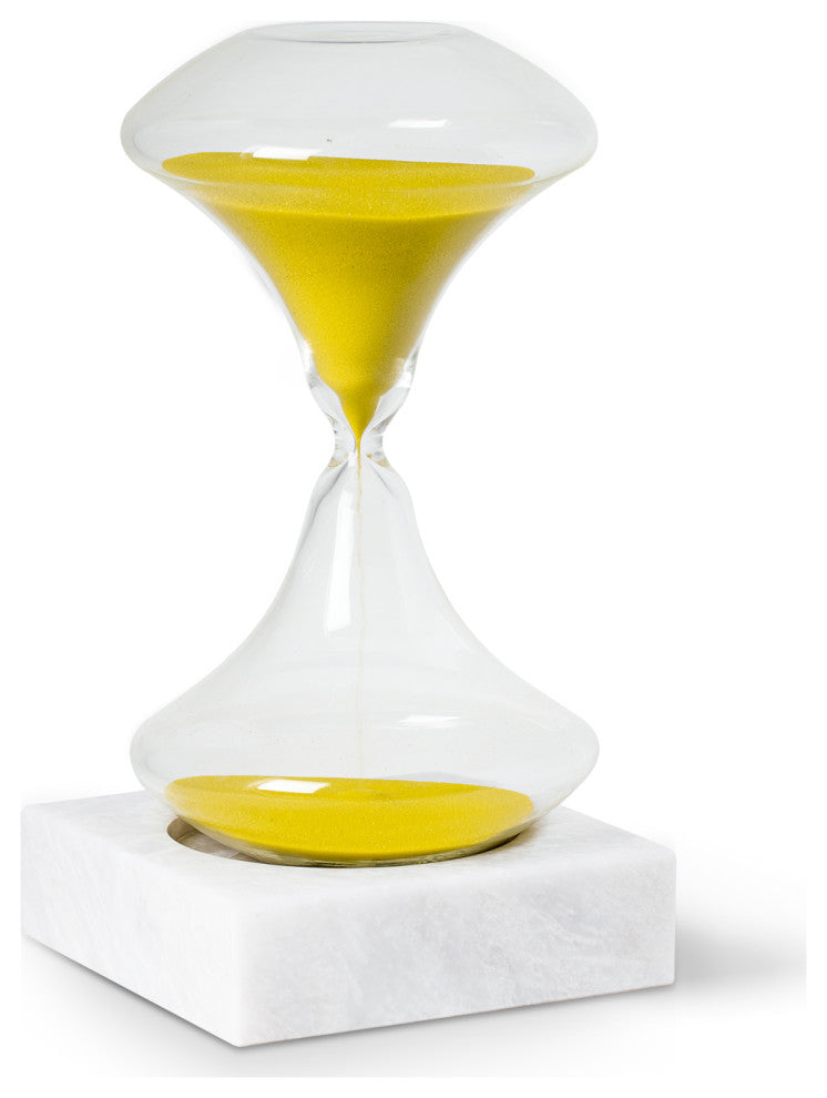 Hand Blown 45 Minute Sand Timer, Neon Yellow Sand On White Marble Base