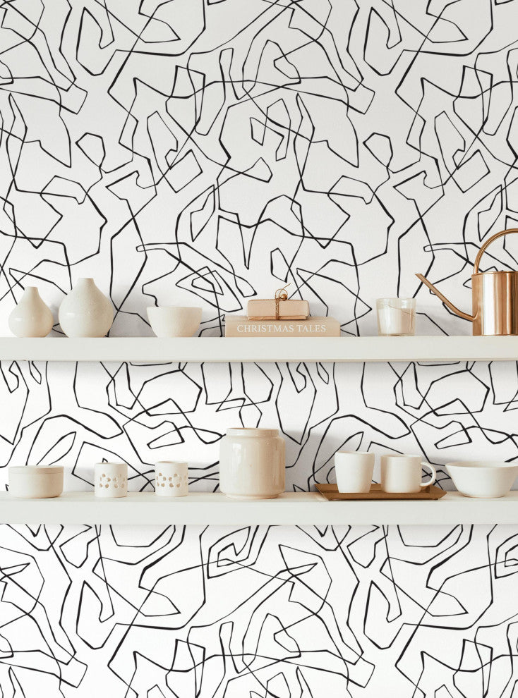 Entangled Lines Abstract Peel and Stick Vinyl Wallpaper, Black, 24"x108"