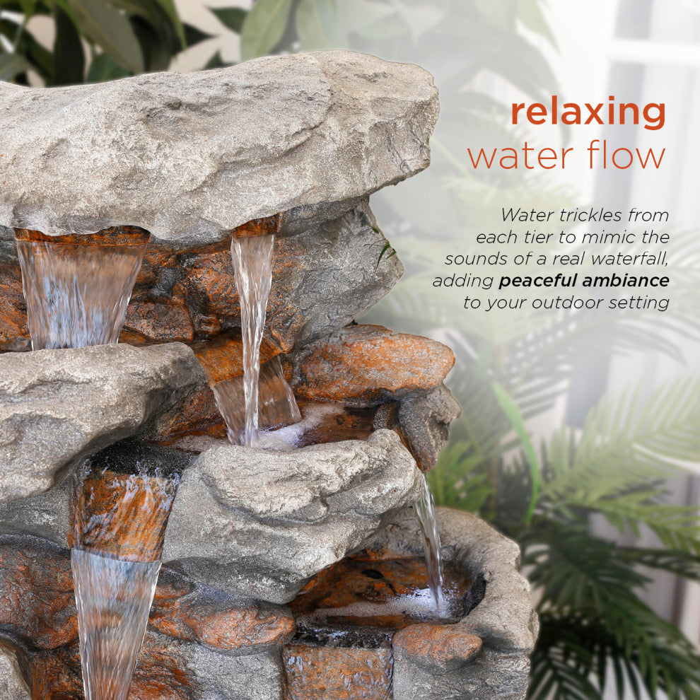 52" Tall Outdoor 5-Tier Rainforest Rock Water Fountain with LED Lights