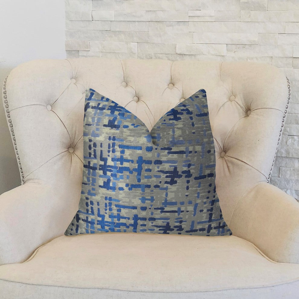 Tierra Monte Plaid Navy Blue and Gray Handmade Luxury Pillow, 24"x24"