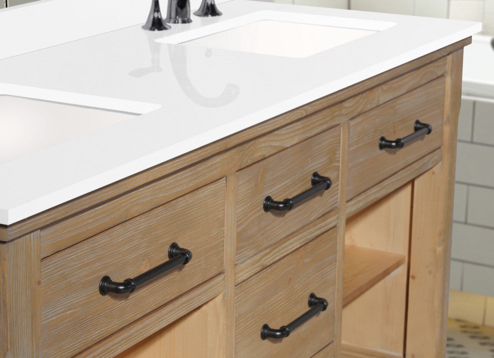 Lauren 60" Bathroom Vanity, Weathered Fir Finish, White Engineered Stone Counter