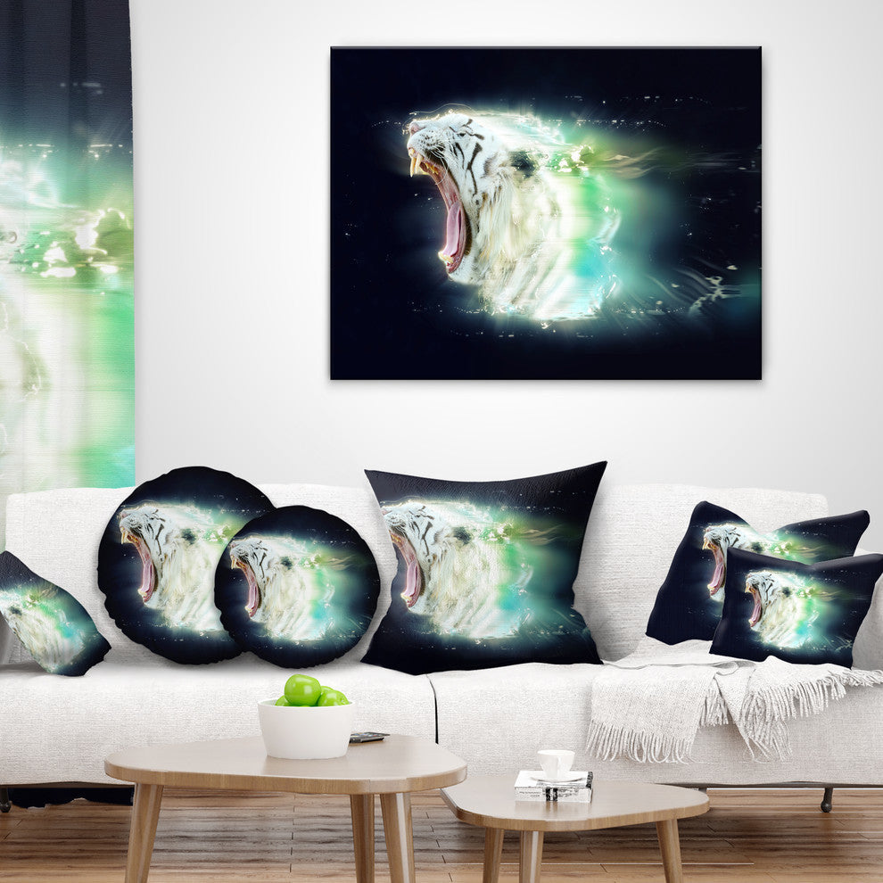 White Tiger With Open Jaws Animal Throw Pillow, 16"x16"
