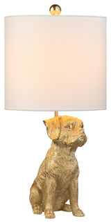 23" Gold Resin Boxer Dog Table Lamp With White Drum Shade