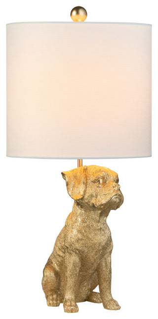 23" Gold Resin Boxer Dog Table Lamp With White Drum Shade