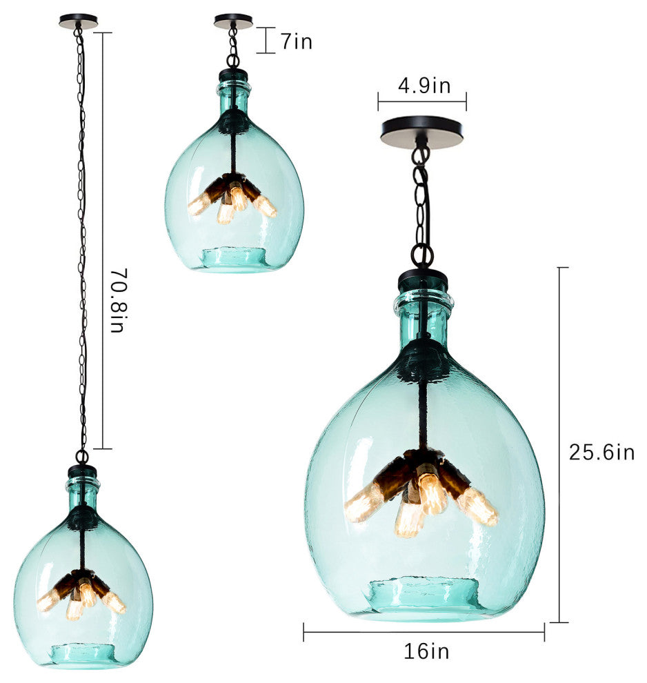 Wavy Hammered Hand Blown Glass Pendant Light, Black, 16", Green Glass