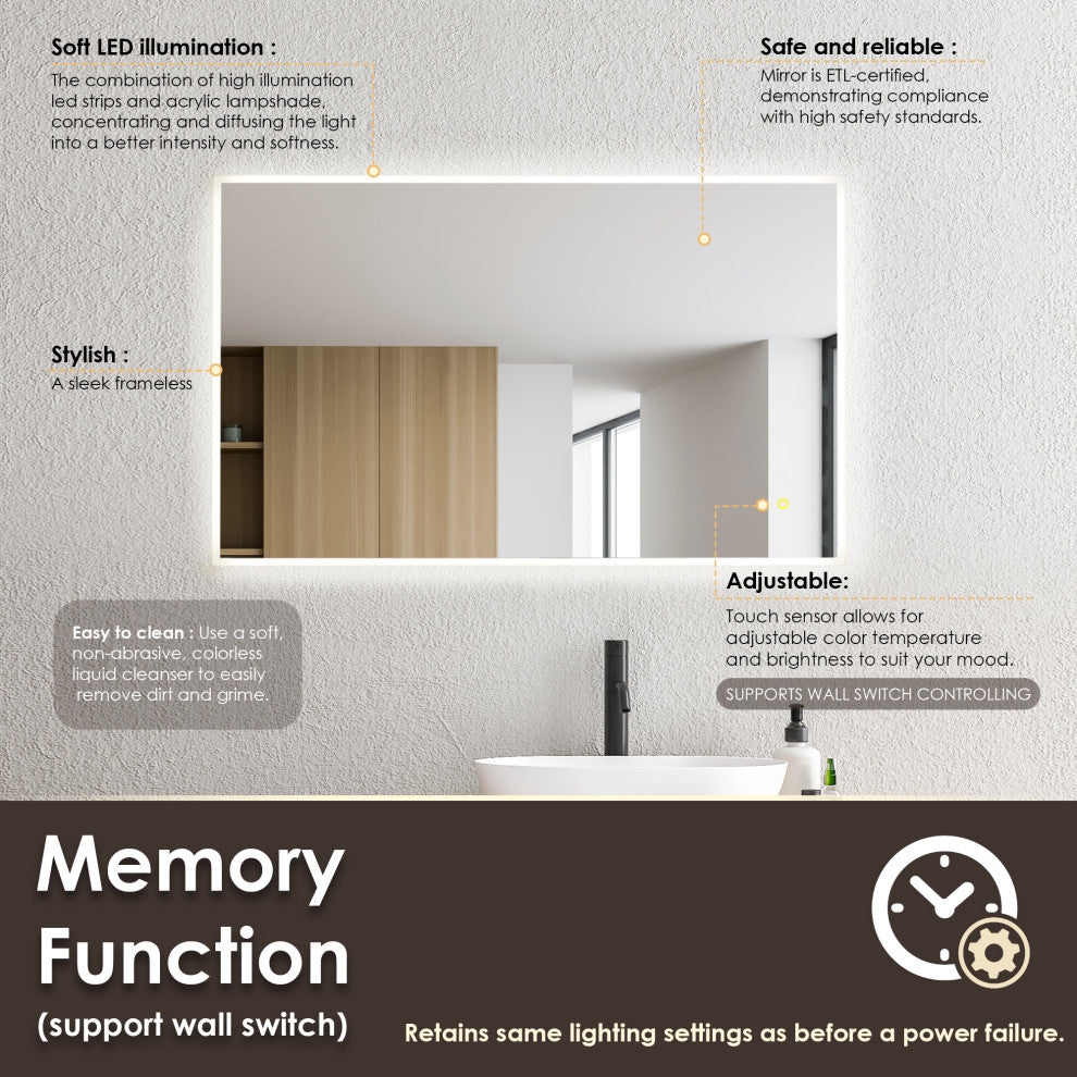 Aurora Framelesss Anti-Fog Dimmable LED Lighted Wall Mirror, No Frame, 48"