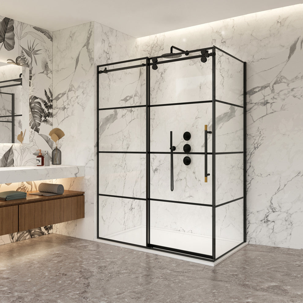 Losar Rectangle Sliding Framed Shower Enclosure, Matte Black, 56" W X 78"h