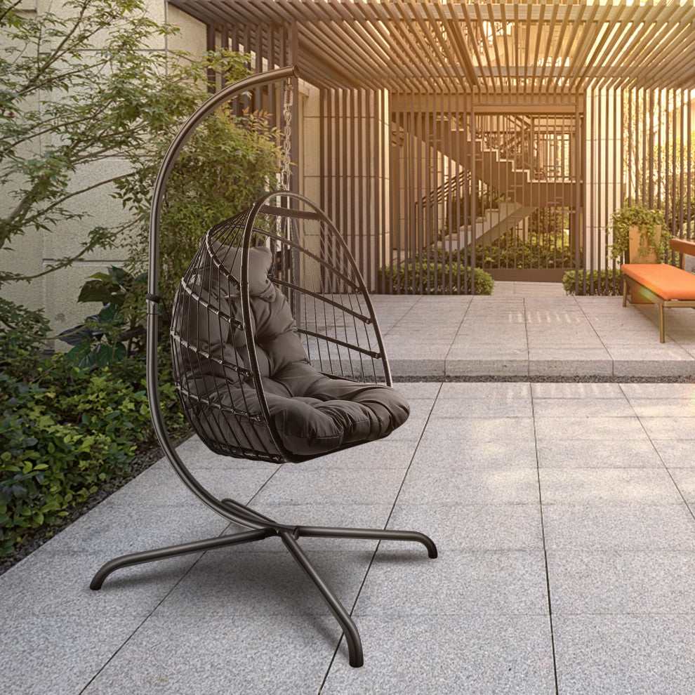 Outdoor Rattan Swing Chair Hanging Egg Chair With Cushion and Pillow, Dark Gray