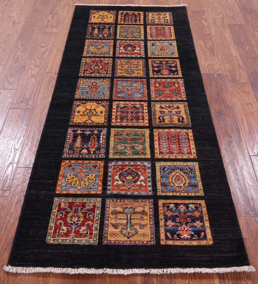 2' 8" X 6' 5" Persian Garden Design Black Handmade Wool Runner Rug Q10695