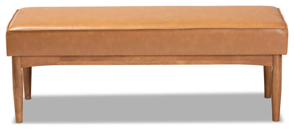 San Simeon Mid-Century Tan Faux Leather and Walnut Brown Wood Dining Bench
