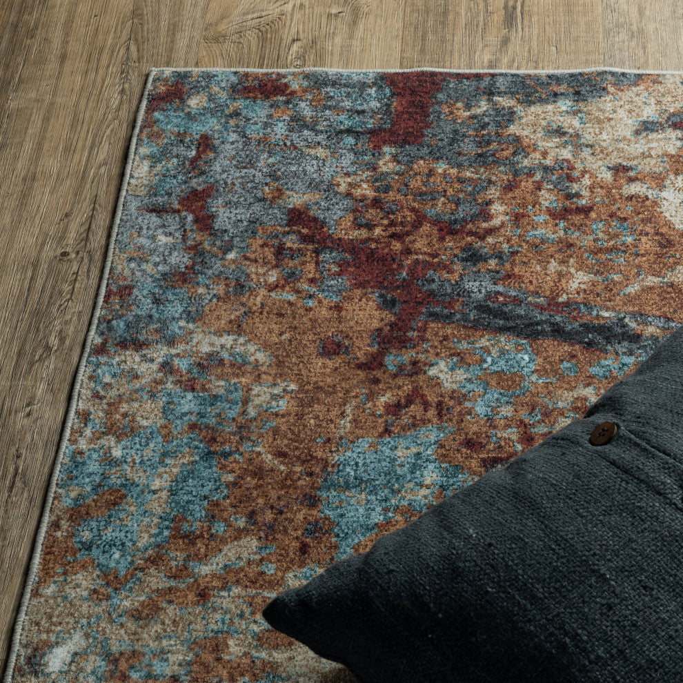 Sasha Abstract Earth Machine Washable Rust/Blue Area Rug Mat 7'6" x 10'