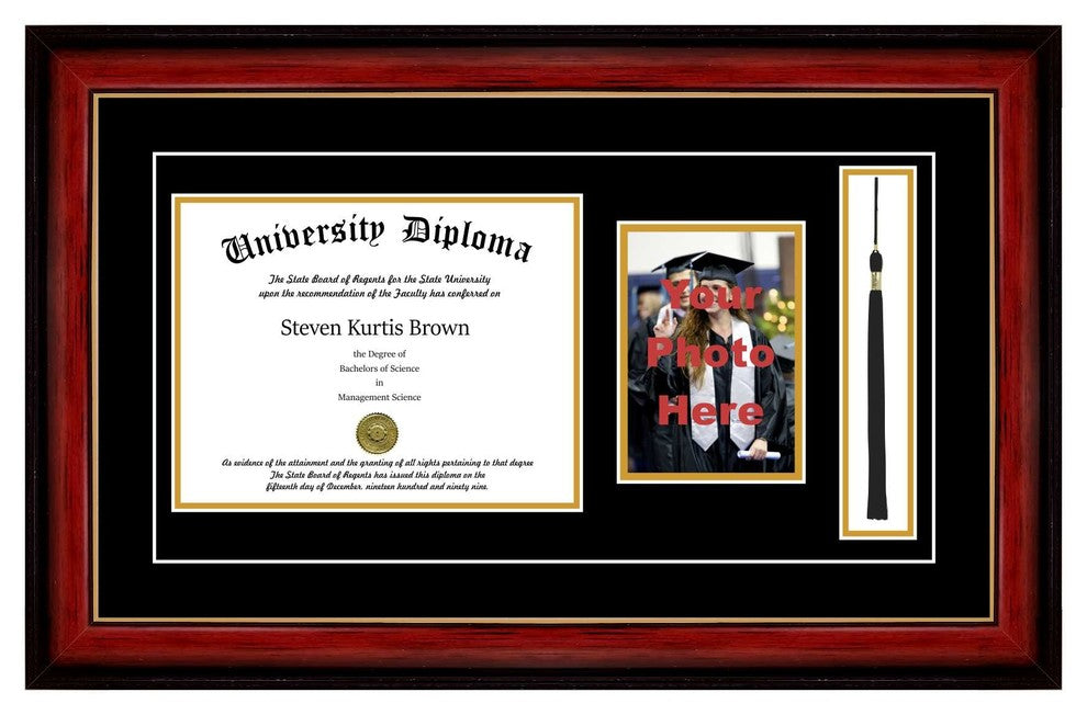 Single Diploma Frame with Double Matting, Mahogany with Gold Lip, 11"x14"