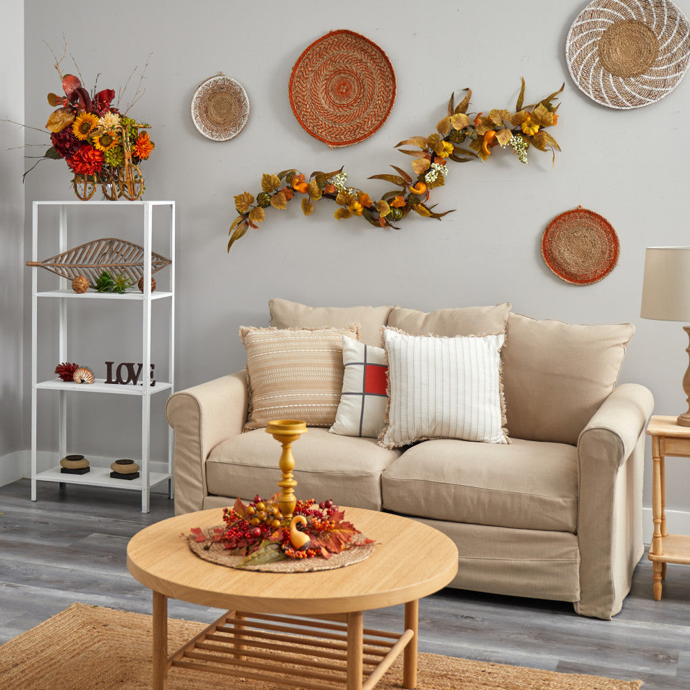 6' Fall Green and Orange Assorted Pumpkin & Gourds, White Berries Autumn Garland