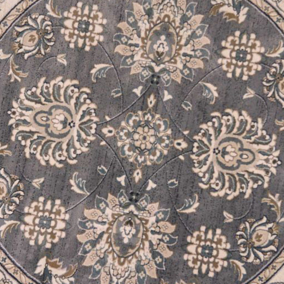 HomeRoots 8' Grey Ivory Machine Woven Floral Traditional Round Indoor Area Rug