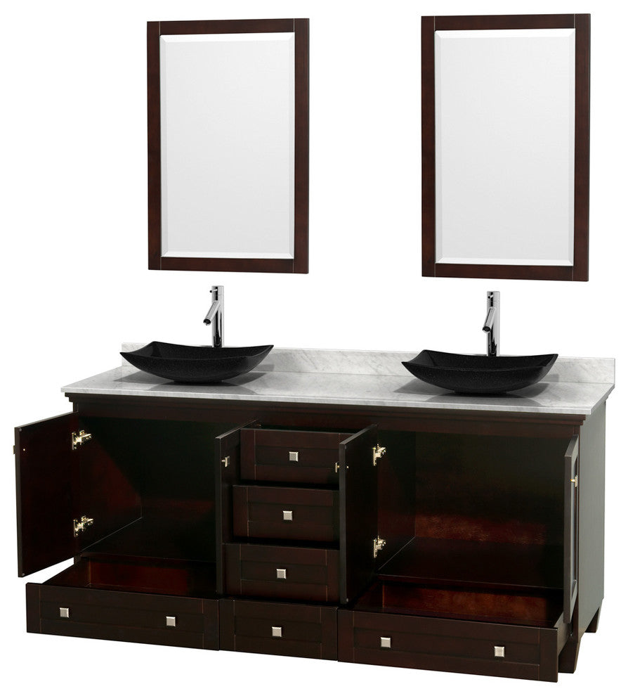 Acclaim Espresso DBL Vanity 24" Mirrors 72" White Carrera Marble, Black Granite