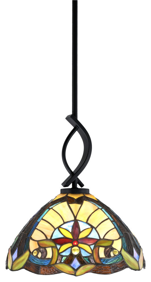 Cavella 1 Light Stem Mini Pendant, Matte Black Finish, 12" Earth Star Art Glass