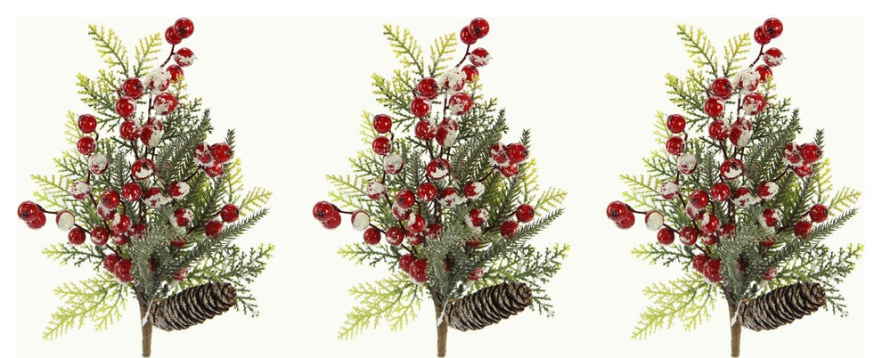 15"H Faux Snow Pinecone Cedar Christmas Pick, Set Of 3