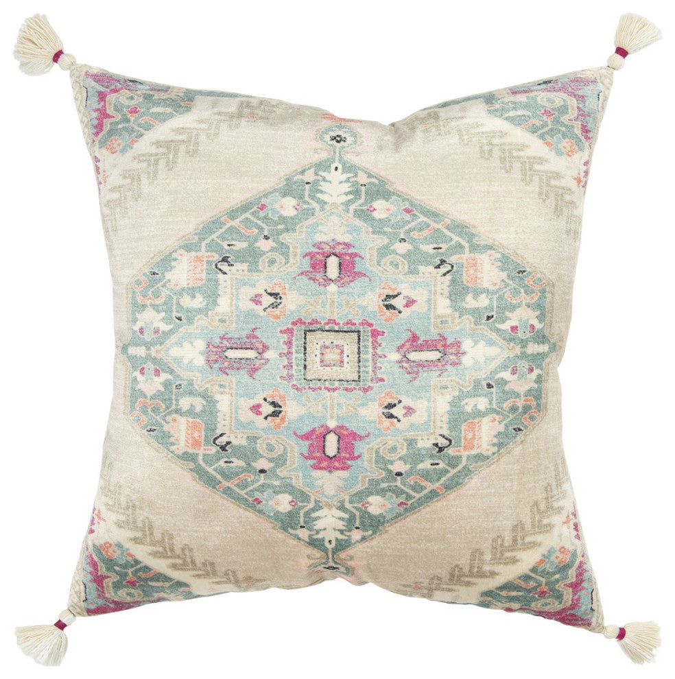 Beige Boho Medallion Tasseled Throw Pillow