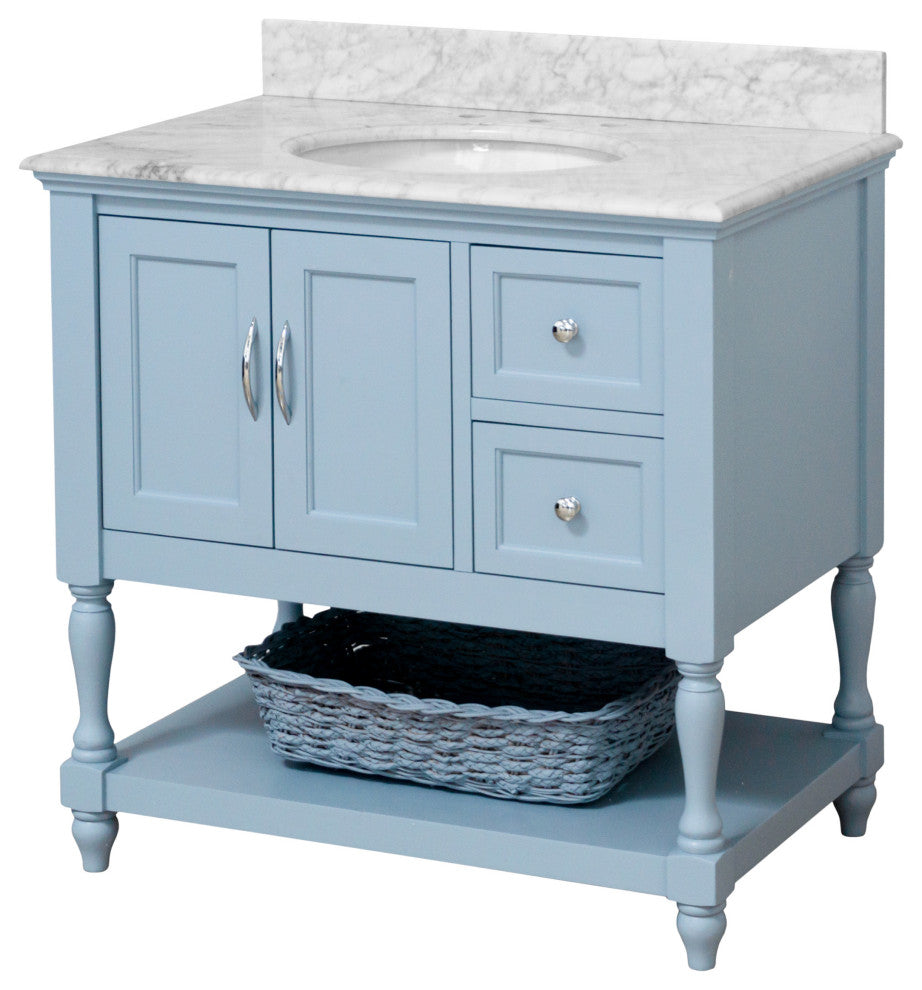 Beverly 36" Bathroom Vanity, Powder Blue, Carrara Marble