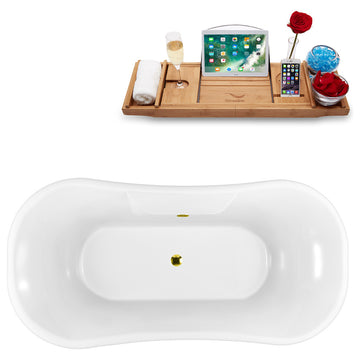 68" Black Clawfoot Tub and Tray, Black Feet, Gold External Drain