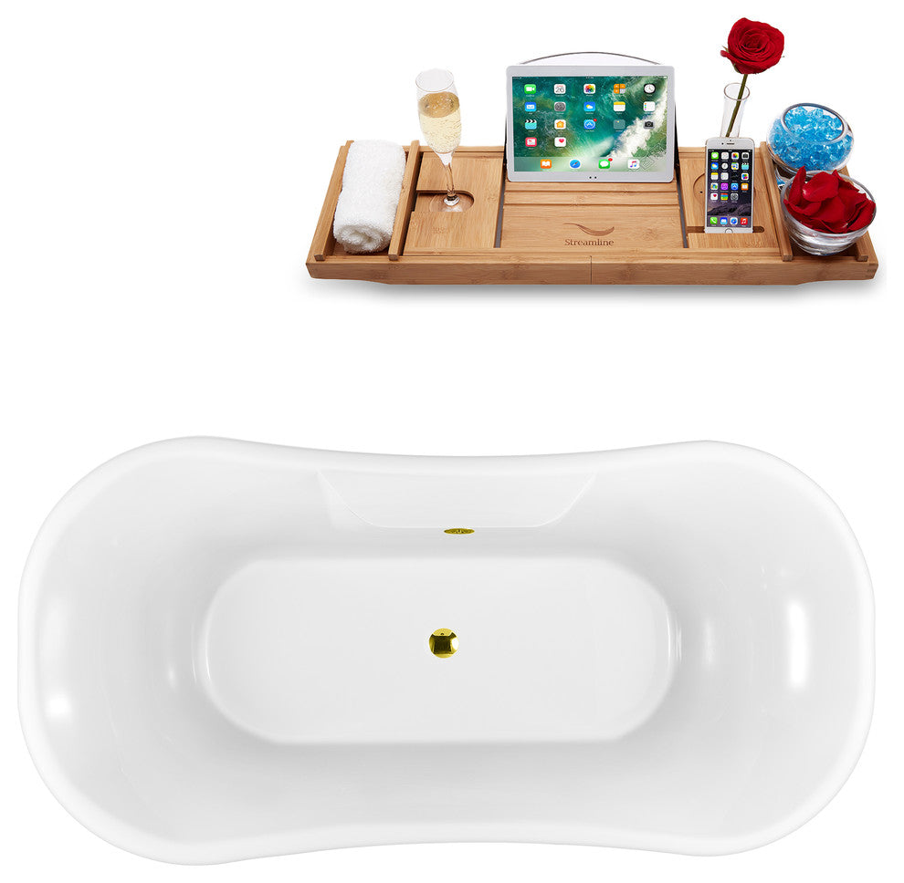 68" Black Clawfoot Tub and Tray, Black Feet, Gold External Drain