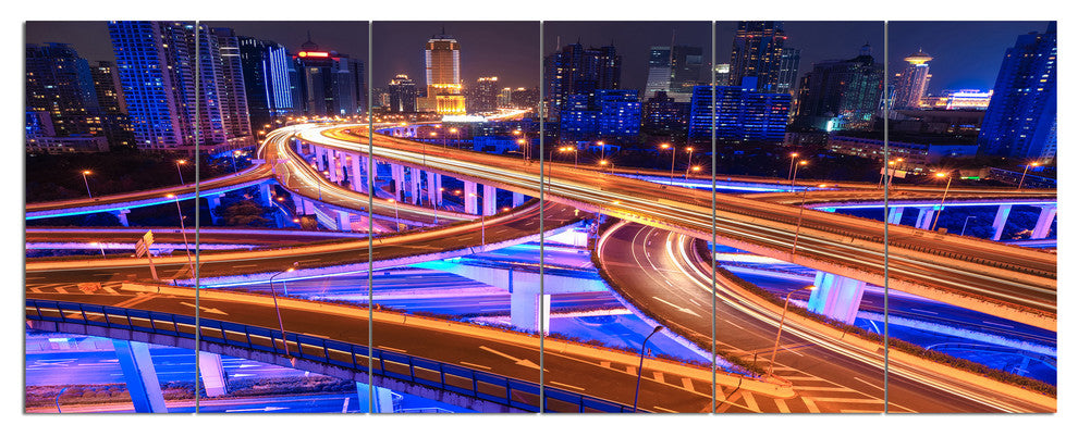 Colorful City Overpass at Night, Cityscape Canvas Art Print, 70"x28", 6 Panels