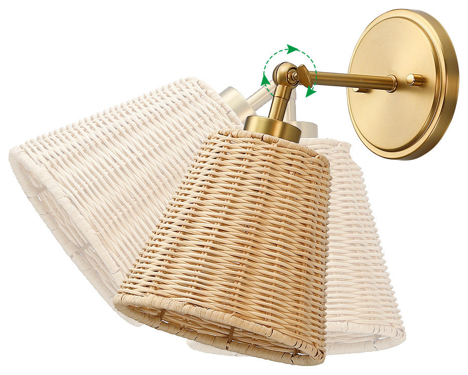 7" W 1-Light Natural Rattan Wall Sconce With Adjustable Swivel Swing Arm, Brass