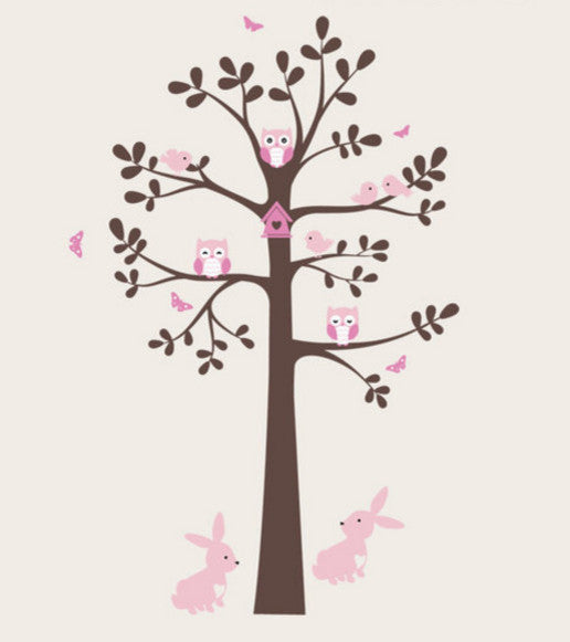 Tree Wall Decal With Animals, Owl Rabbit Bird Tree Wall Decal, Scheme C, Standar