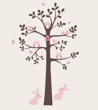 Tree Wall Decal With Animals, Owl Rabbit Bird Tree Wall Decal, Scheme C, Standar