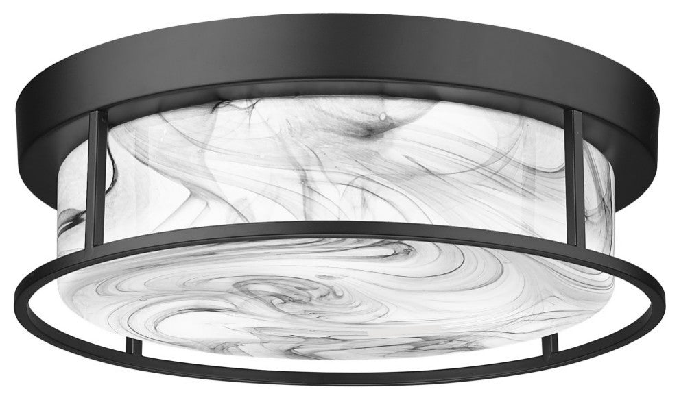 12" 2-Light Flush Mount Light, Matte Black, Onyx Swirl Glass