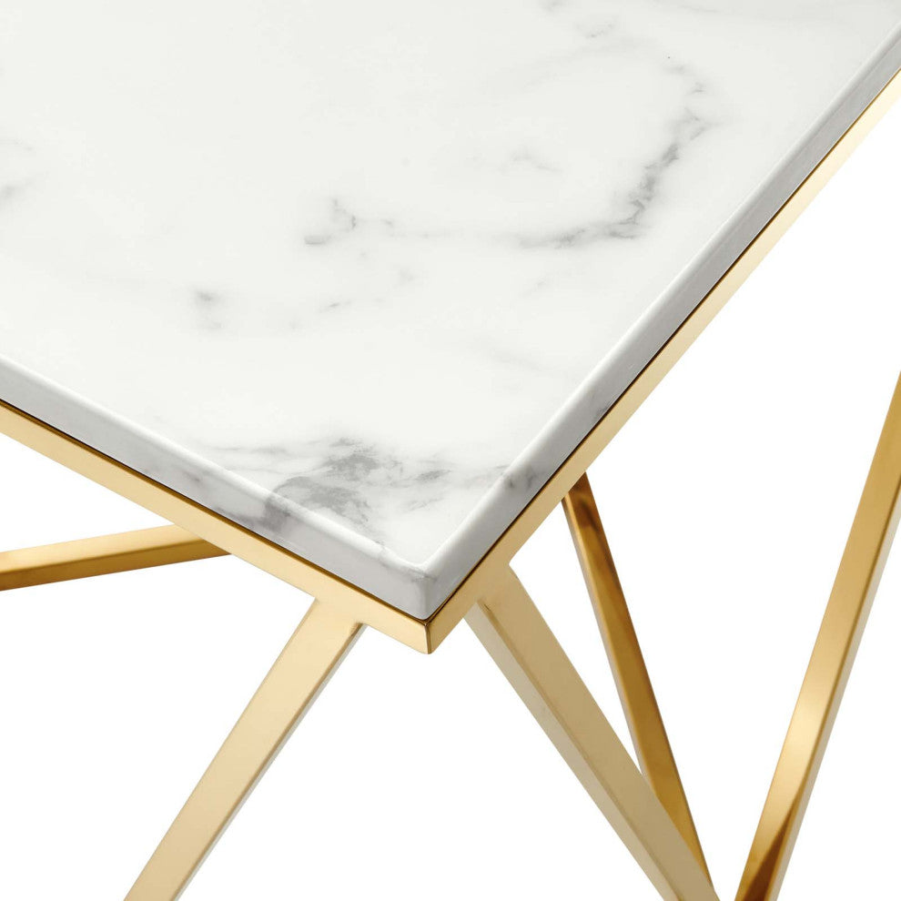Sofa Side Table, Square, Artificial Marble, Metal, Gold White, Modern, Lounge
