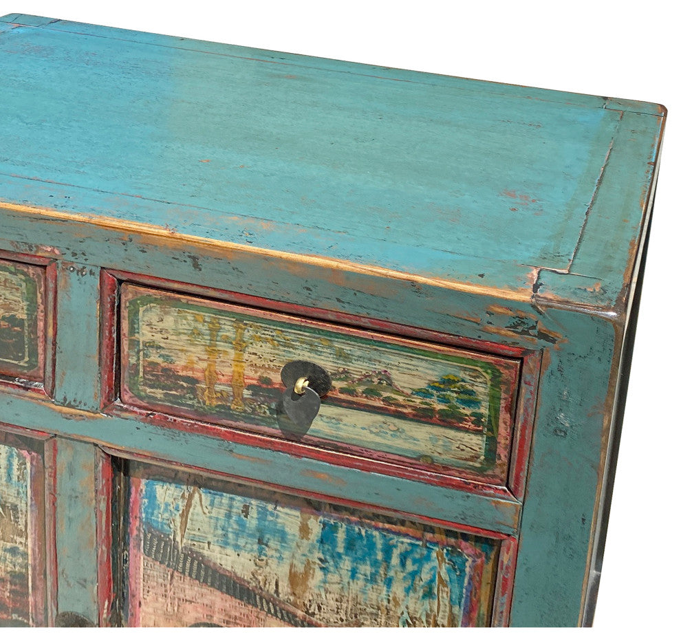 Chinese Distressed Turquoise Blue Old Graphic Credenza Cabinet Hcs7312