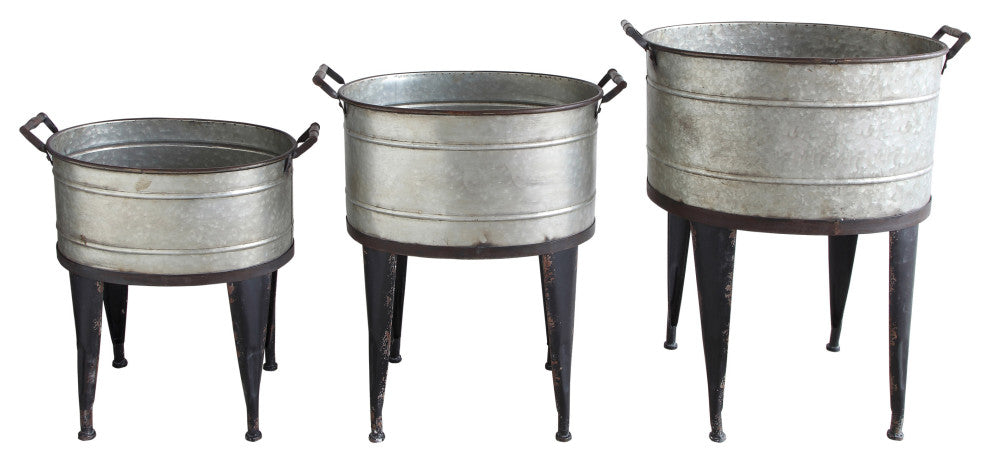 Silver Metal Buckets/Planters with Handles on Stand (Set of 3 Sizes)