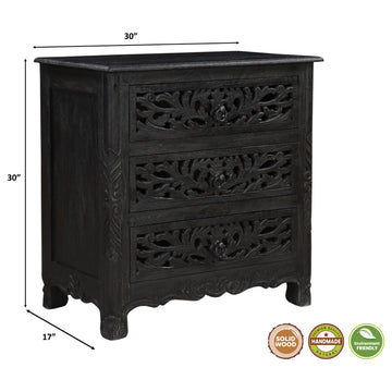 Delaney 3 Drawer Carved Nightstand, Distressed Black