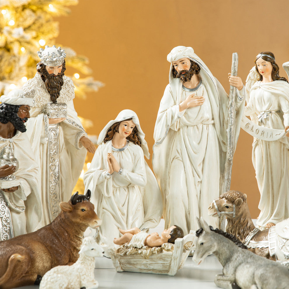12-Piece Ivory Resin Nativity Figurine Set