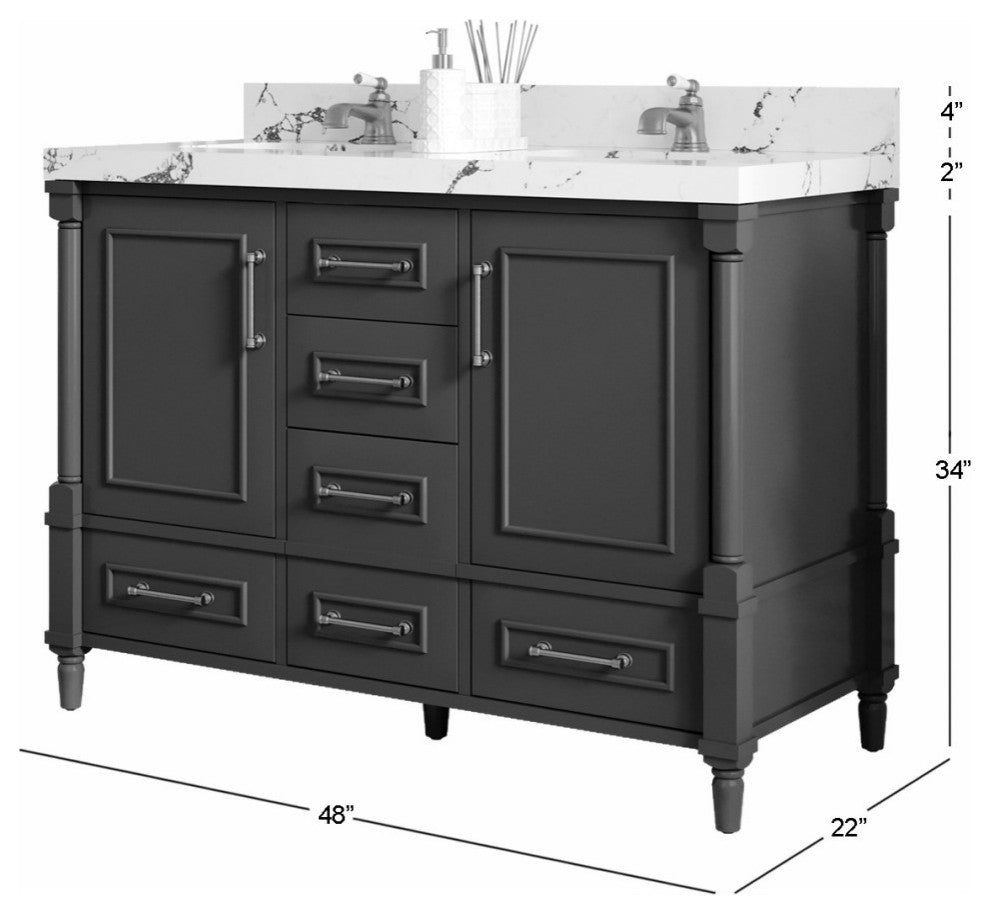 Aberdeen 48" Double Sink Bath Vanity in Dark Forest Green 2" Carrara Quartz