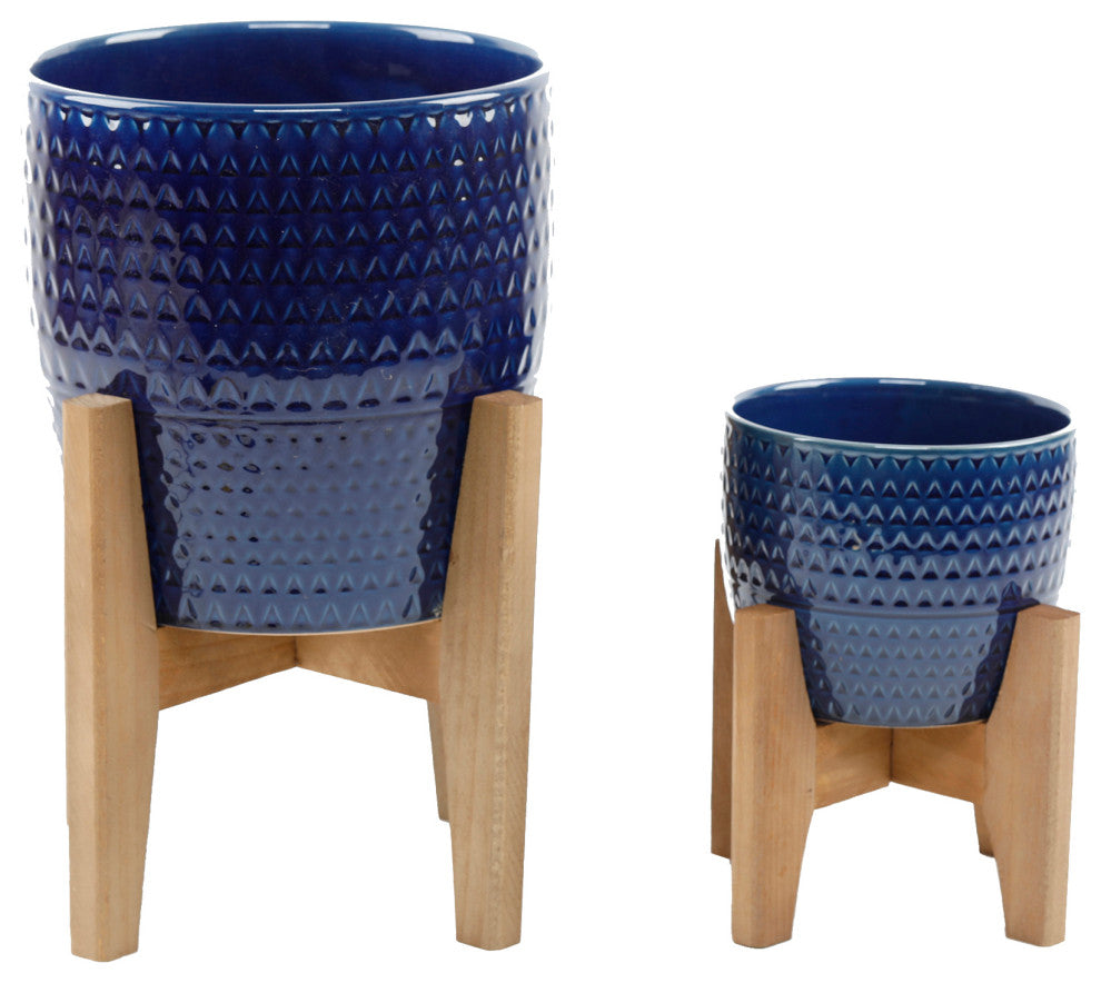 10" and 6.6" Pharaoh Ceramic Planter On Wood Stand,Set of 2