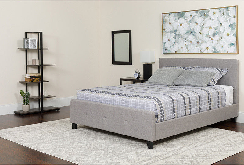 King Size Tufted Platform Bed, Light Gray With Spring Mattress