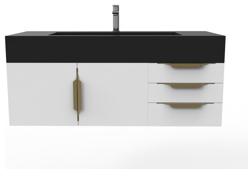 CastelloUSA Nile 48" Wall Mounted Vanity Set, White, Black Top, Gold Handles