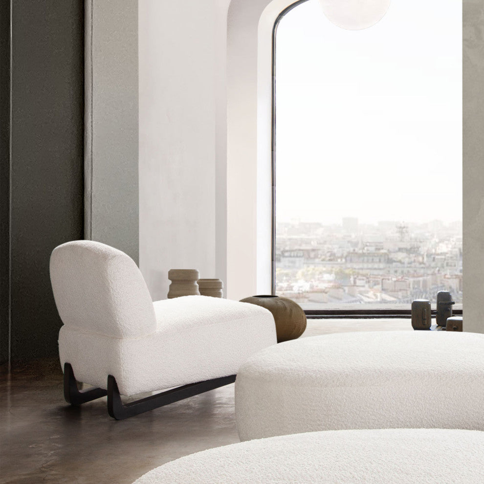Vesper Armless Chair, Faux White Shearling With Black, Wood Leg Base
