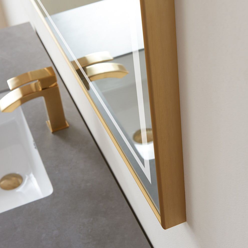 Horizontal Rectangular LED Wall Mount Bathroom Mirror, Gold, 36"