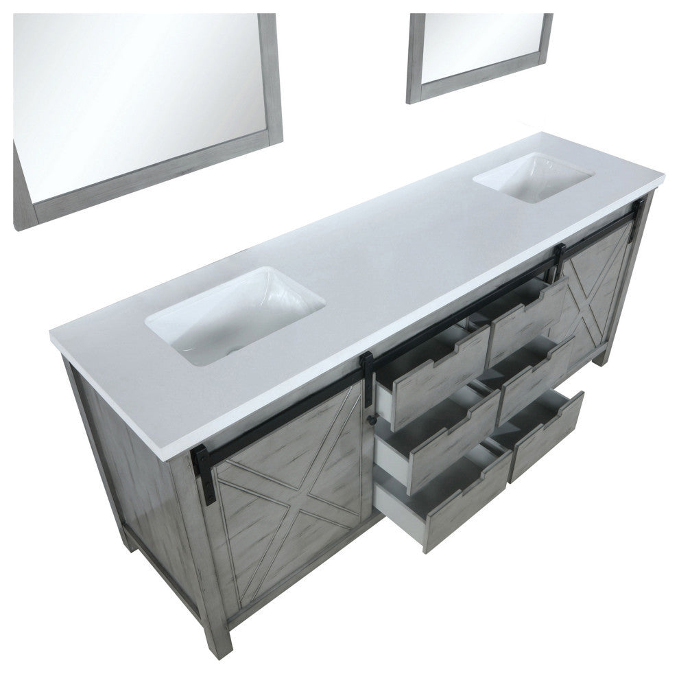 Marsyas 84" Ash Gray Double Vanity Cabinet Quartz Top Sinks, 34" Wall Mirrors
