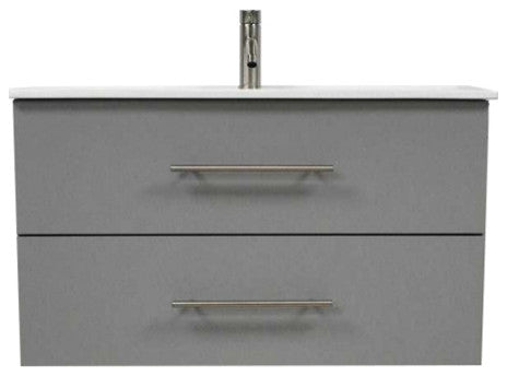 Napa 36" Modern Floating Bathroom Vanity With Ceramic Top and Round Handles, Gray