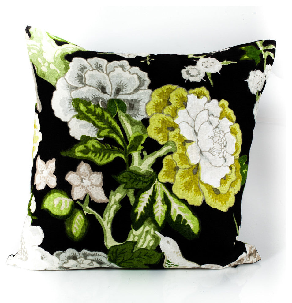 Schumacher Designer Pillow Cover Floral On Black, 22x22
