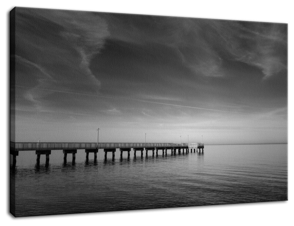 End of the Pier Coastal Black & White Photo Canvas Wall Art Print, 12" X 16"