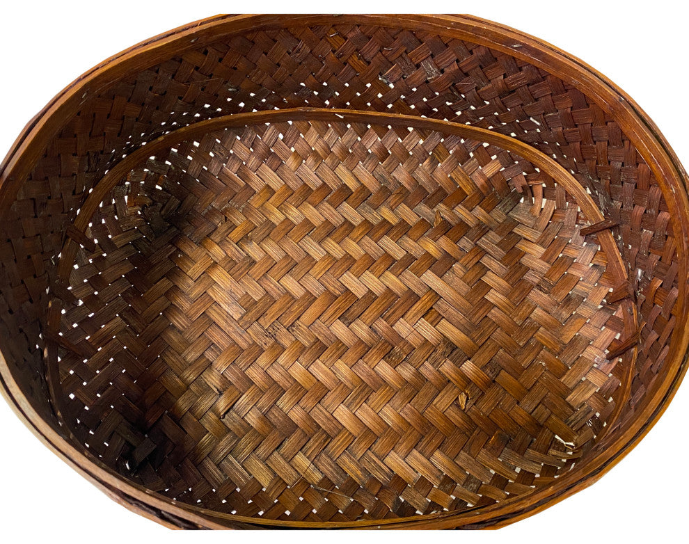 2 x Oriental Oval Brown Rattan Basket with Handle 3 pieces Set Hws1327
