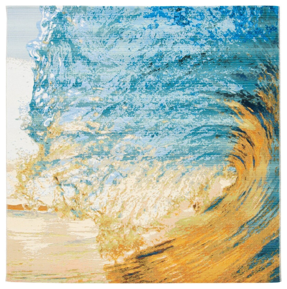 Safavieh Barbados Collection Indoor-Outdoor, BAR510 Rug, Blue/Gold, 5'3" Square