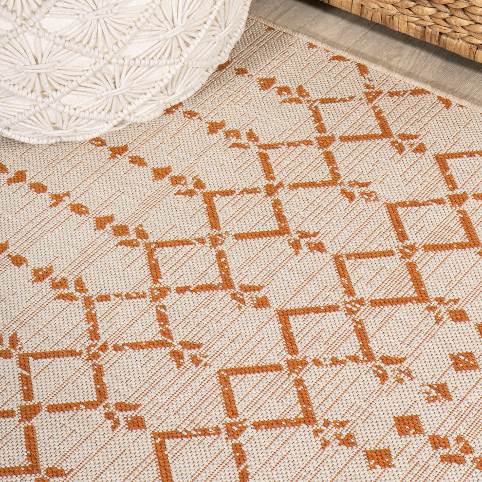 Ourika Moroccan Geometric Indoor/Outdoor Rug, Cream/Orange, 2x10