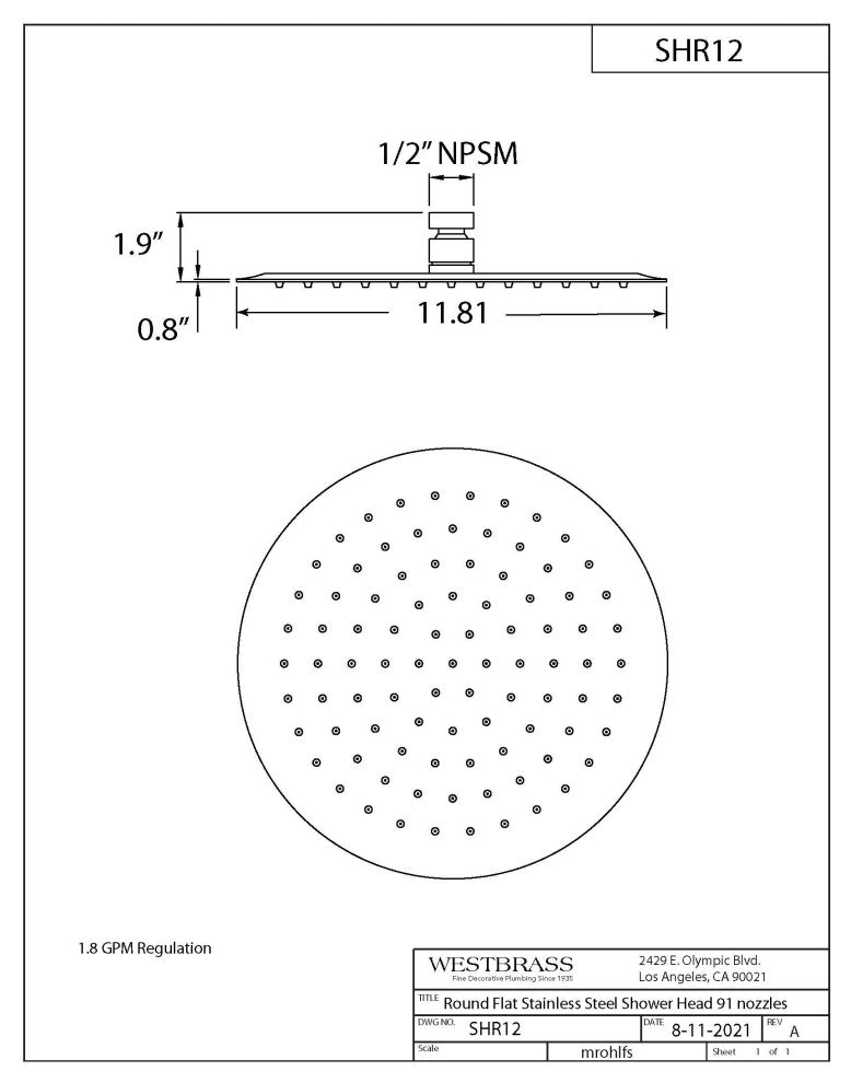 12" Round Shower Head With 19" Shower Arm, Polished Chrome